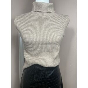 CIDER Ribbed Sleeveless Turtleneck Sweater Vest Camel Knit Minimalist Top